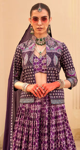 Exclusive latest Purple designer Lehenga in pure pv silk and foil print with detailed embroidery, hand and mirror work